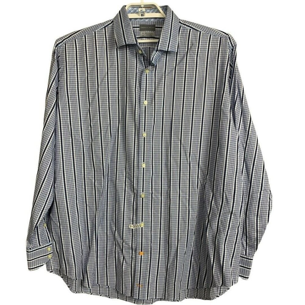 Thomas Dean Men's‎  Blue White Striped Plaid Shirt